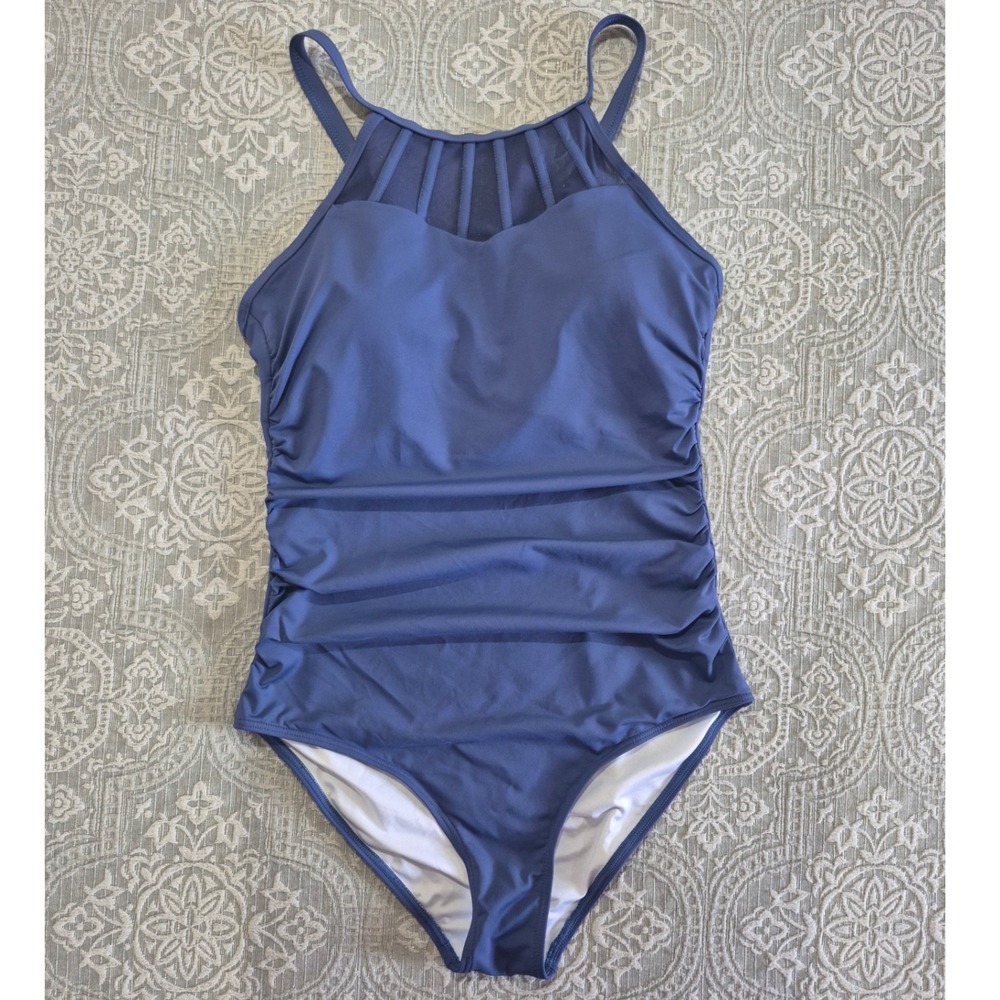 Holipick Womens Blue High Neck Mesh Ruched One‎ Piece Swimsuit Size M